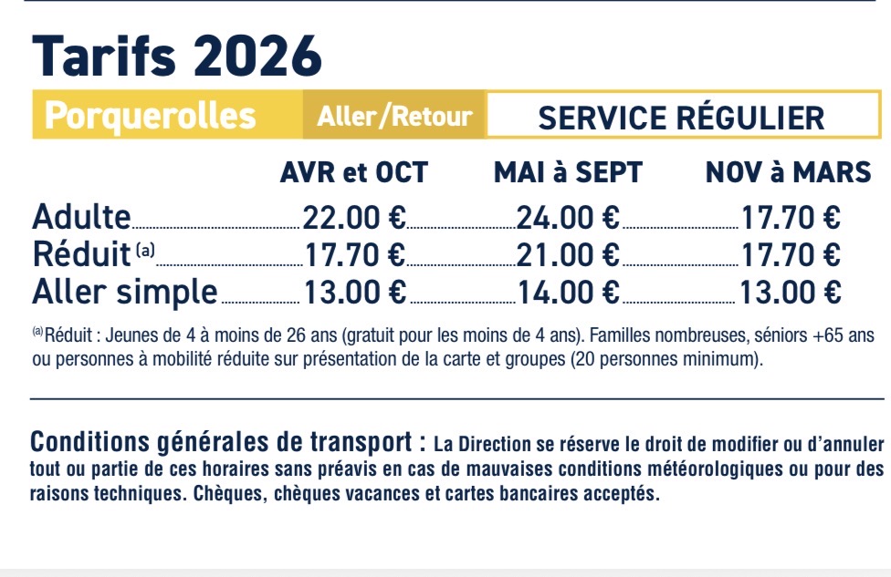 TARIFS PORQUEROLLES